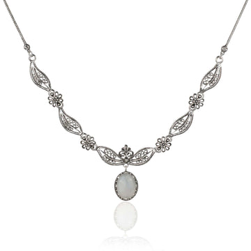 Filigree Art Gray Moonstone Gemstone Women Silver Princess Necklace
