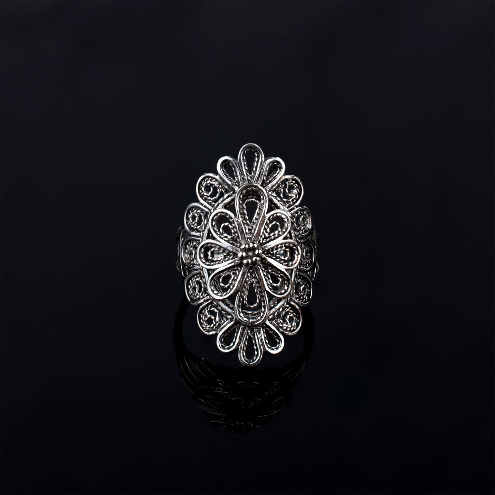 Filigree Art Lace Detailed Woman Long Statement Silver Ring