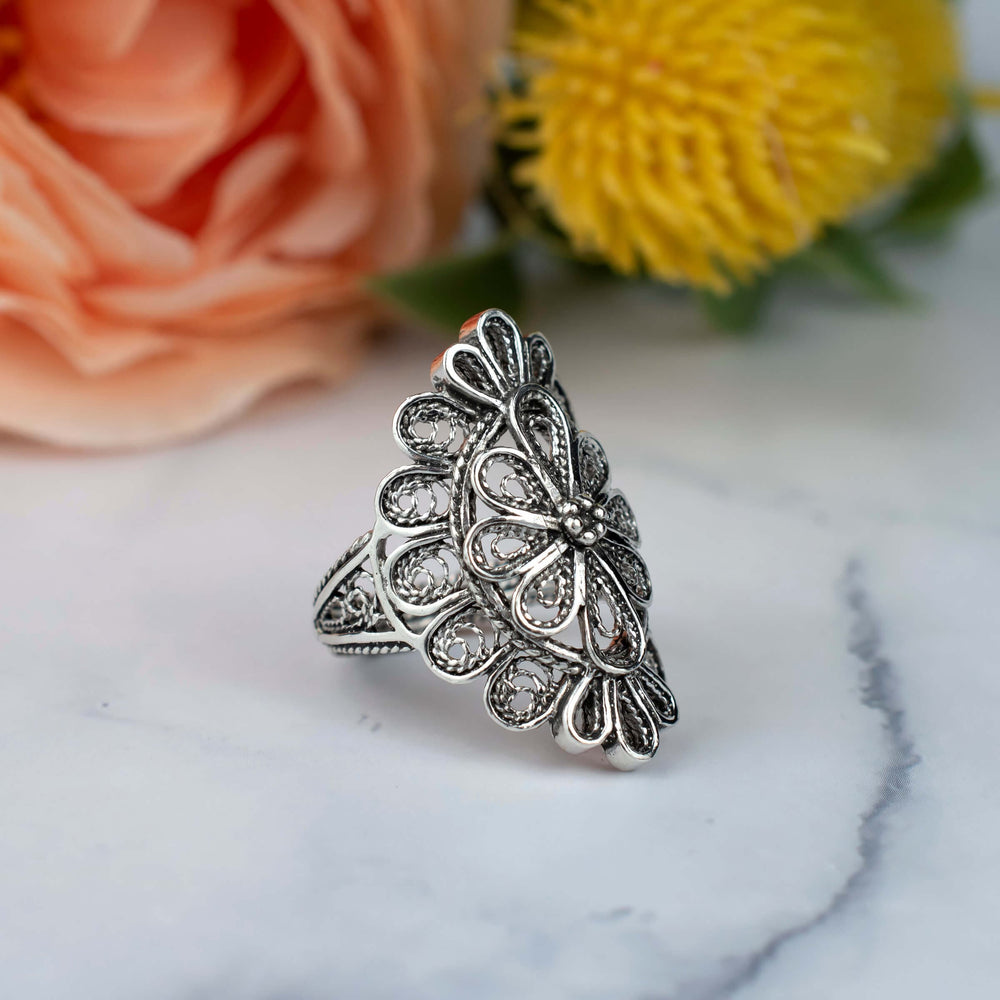 Filigree Art Lace Detailed Woman Long Statement Silver Ring