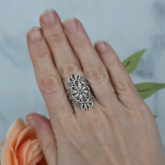 Filigree Art Lace Detailed Woman Long Statement Silver Ring