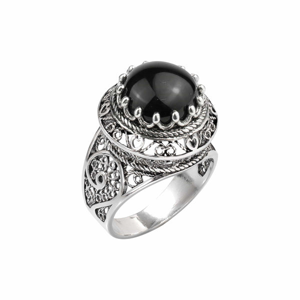 Filigree Art Black Onyx Gemstone Woman Silver Dome Ring