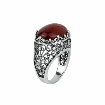 Filigree Art Carnelian Gemstone Women Silver Dome Statement Ring