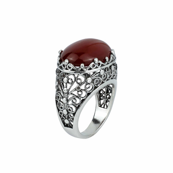 Filigree Art Carnelian Gemstone Women Silver Dome Statement Ring