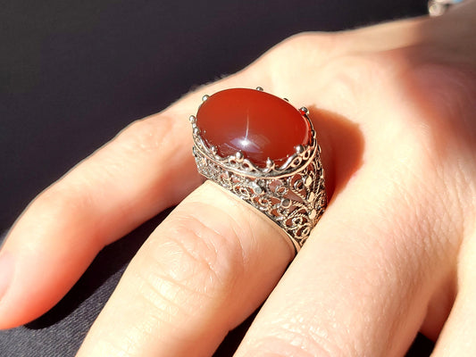 Filigree Art Carnelian Gemstone Women Silver Dome Statement Ring