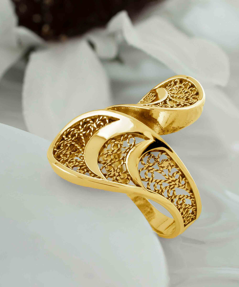Gold Plated Sterling Silver Filigree Art Women Twisted Bypass Cocktail