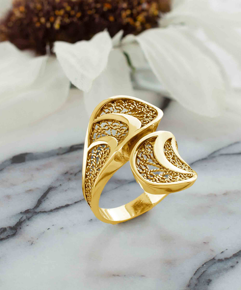 Gold Plated Sterling Silver Filigree Art Women Twisted Bypass Cocktail