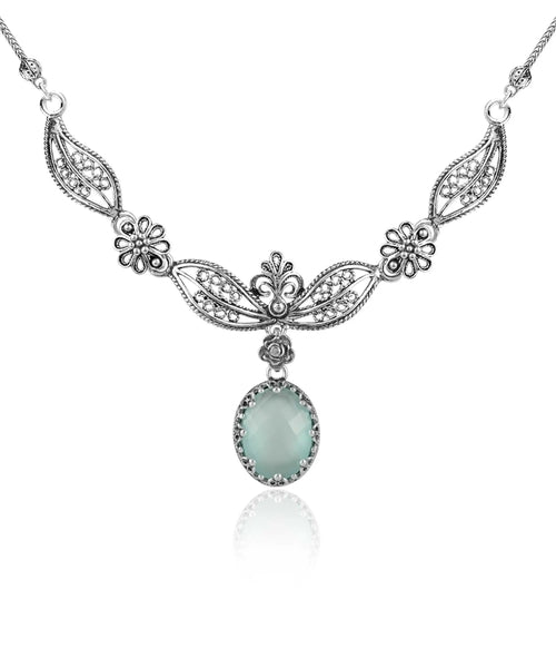 Filigree Art Aqua Chalcedony Gemstone Women Silver Princess Necklace